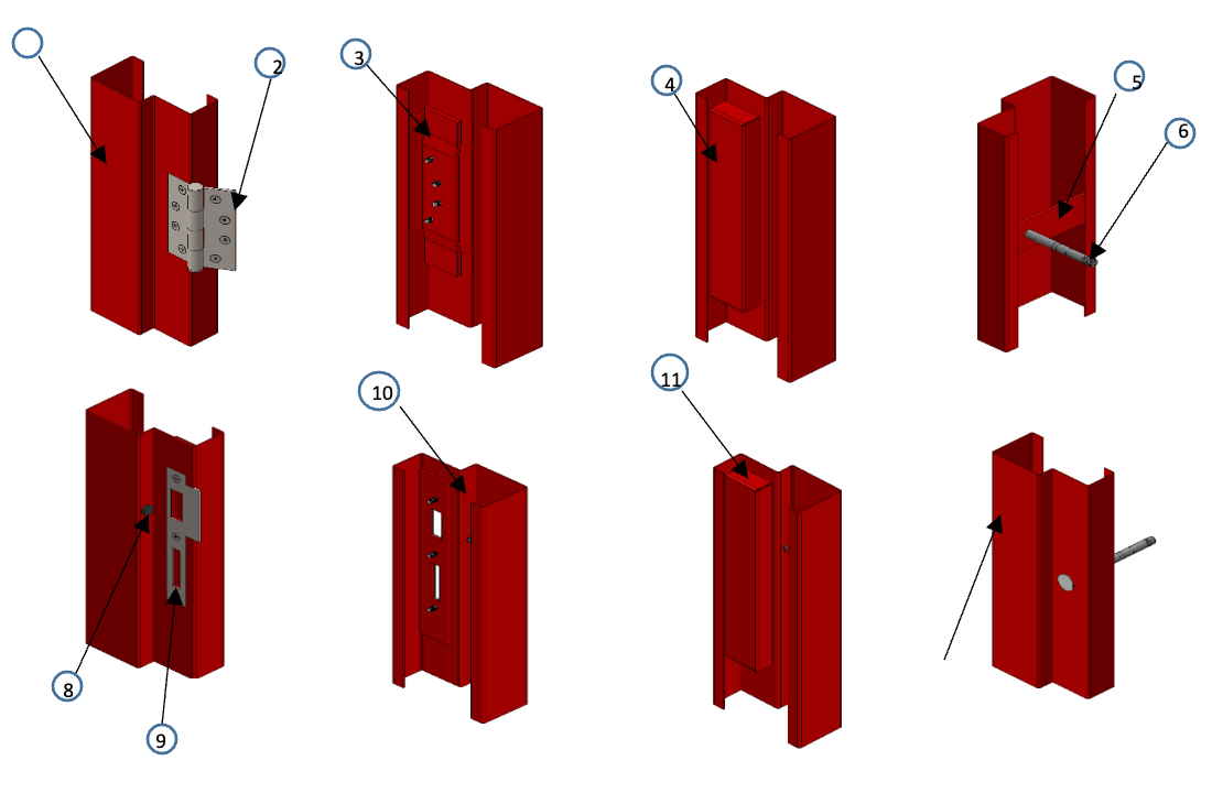 3D Exploded view of steel door frame components and hardware