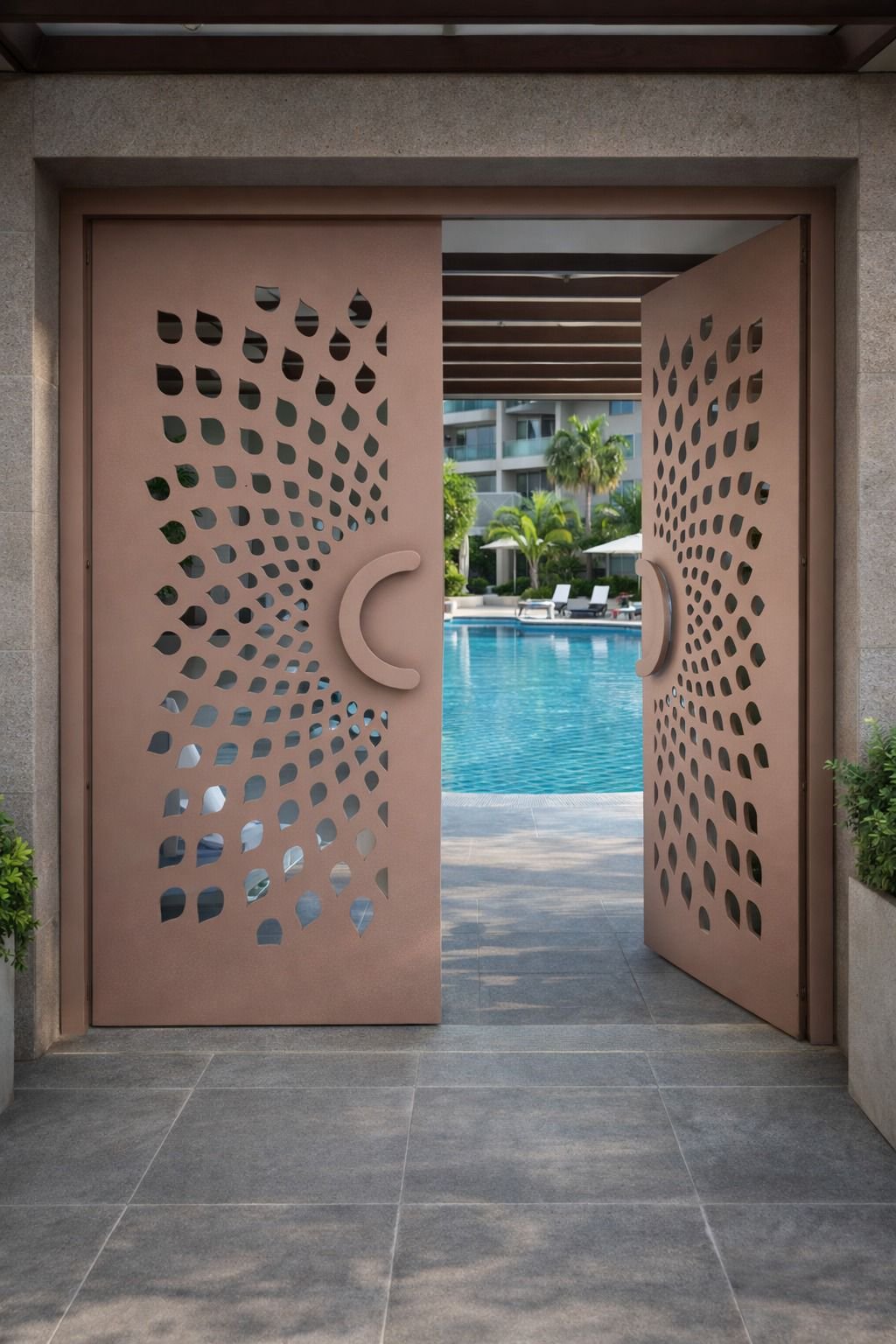 Right Door laser cut door application near a pool area
